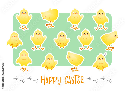 Happy Easter. Greeting card with stickers of cute chicks on a green background. Vector illustration.