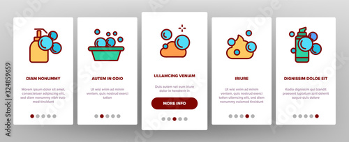 Soap Bubbles And Foam Onboarding Icons Set Vector. Soap In Bottle For Wash Hand, In Bucket And In Laundry Machine Illustrations