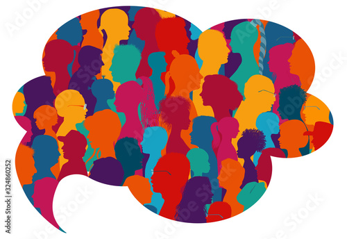 Speech bubble shape.Dialogue and communication group of diverse multiethnic and multicultural people.Silhouette of colored profile.Crowd talking.Population.Society.Community.Friendship