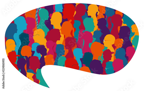 Speech bubble shape.Population.Crowd talking.Dialogue and communication group of diverse multiethnic and multicultural people.Silhouette of colored profile.Society.Community.Friendship