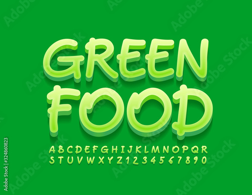 Vector bright logo Green Food. Creative 3D Font. Handwritten Alphabet Letters and Numbers