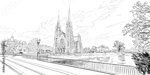 Reformed Church Saint Paul. Strasbourg. France. Hand drawn sketch. Vector illustration.