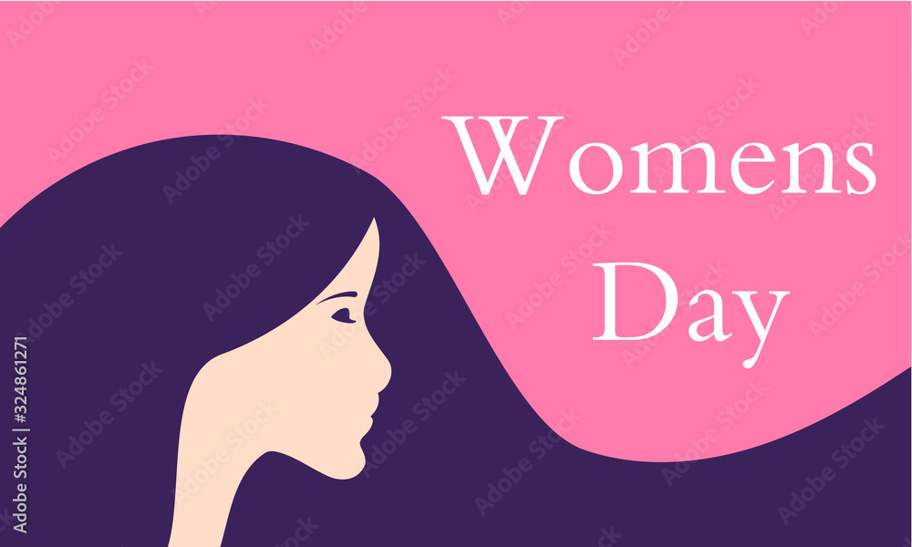 Young woman with long hair on a pink background for Womens Day, vector art illustration.