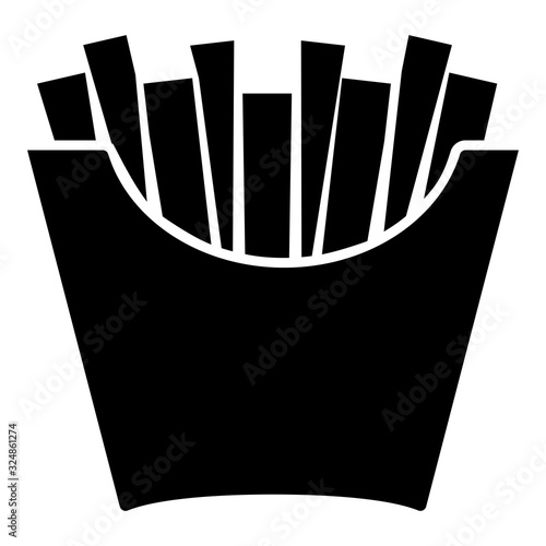 French fries in package Fried potatoes in paper bag Fast food in bucket box Snack concept icon black color vector illustration flat style image