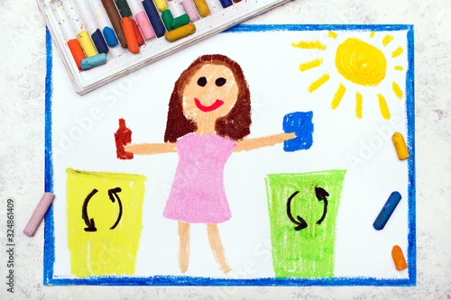 Photo of colorful drawing:  Waste separation. Smiling girl segregating their garbage to different colored trash bins. Waste sorting to help safe the planet