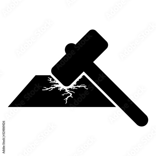 Sledge hammer breaks hard surface with formation of strong cracks icon black color vector illustration flat style image