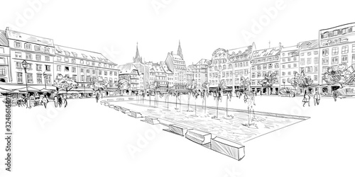 Kleber Square. Strasbourg. France. Hand drawn sketch. Vector illustration.