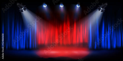Show on the stage. Theater curtain before the performance. Spotlights on dark background. Vector illustration.