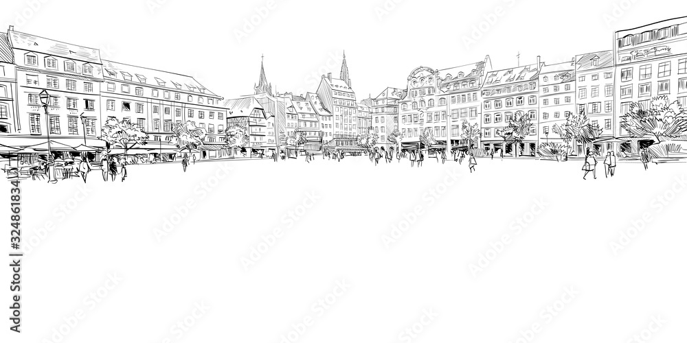Kleber Square. Strasbourg. France. Hand drawn sketch. Vector illustration. - obrazy, fototapety, plakaty 