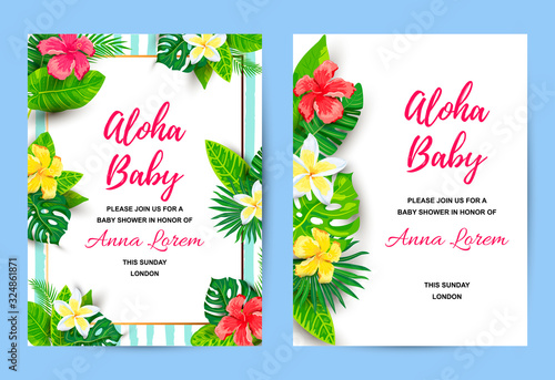 Invitations with tropical flowers, jungle leaves. Vector illustration summer templates. Place for text. Great for wedding, SPA flyer, beauty offer, poster, baby shower, bridal shower, tropical party.