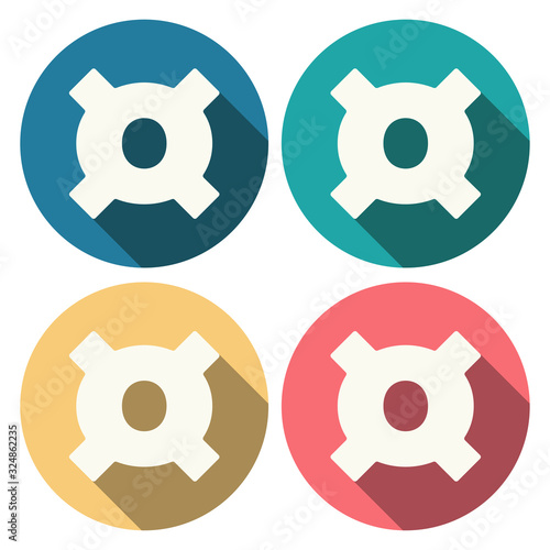 Set of Generic currency symbol on colored circle with long shadow flat icons. Universal currency sign monetary unit. Financial, business and investment concept. Vector illustration