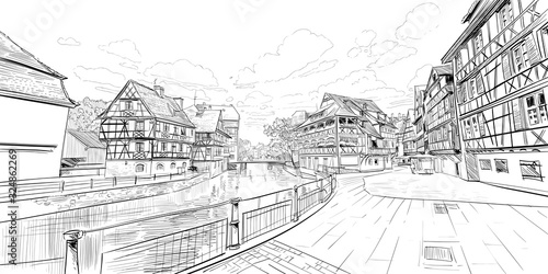 Quarter Little France. Strasbourg. France. Hand drawn sketch. Vector illustration.