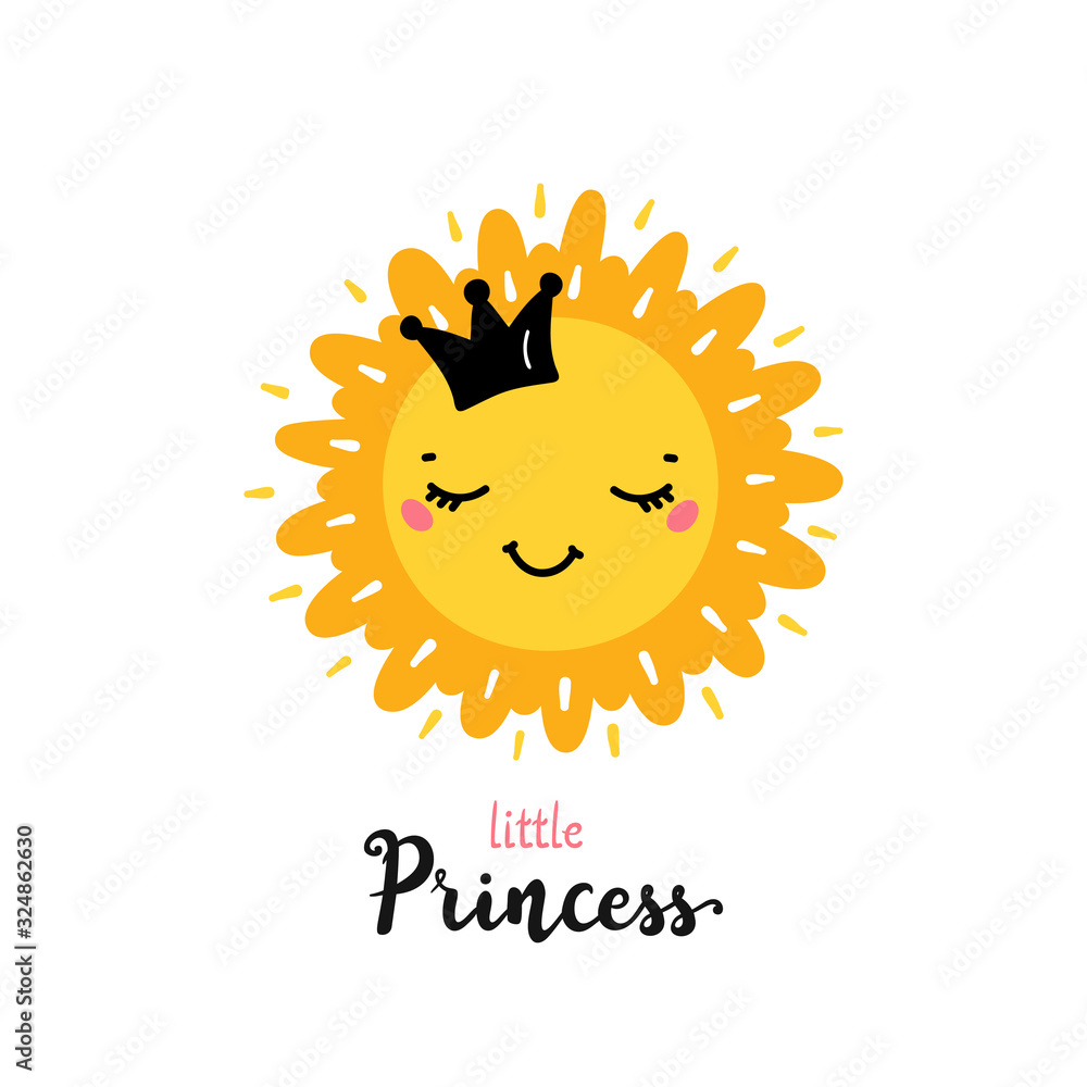 T-shirt Print Design for Kids with Little Princess Cute Smiling Sun. Cartoon Doodle Funny Happy Sun Face Vector Illustration. Scandinavian print or poster design, Baby shower greeting card. Happy Day T-shirt Print Design for Kids with Little Princess Cute Smiling Sun. Cartoon Doodle Funny Happy Sun Face Vector Illustration. Scandinavian print or poster design, Baby shower greeting card. Happy Day