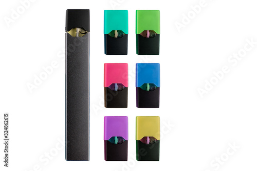 Usb vaping device with different colored and flavoured pods isolated on white background. To illustrate an alternative to ordinary cigarettes and nicotine devices. photo