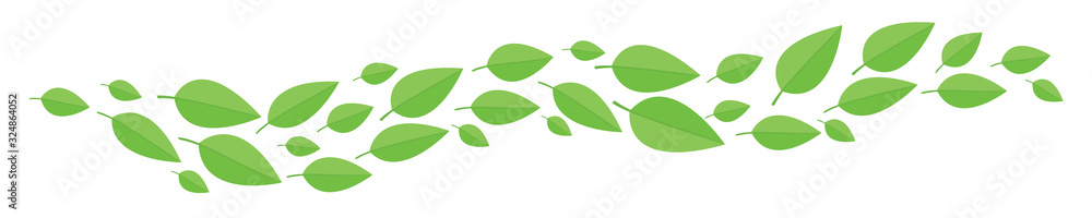 green leaves fly from left to right. A wave of flying leaves isolated on white background.