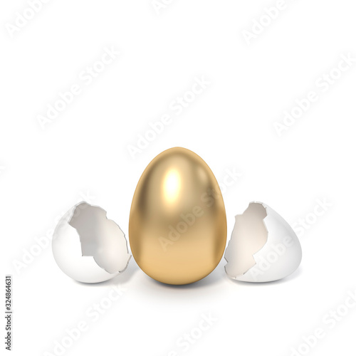 Fotografie White eggshell broken into a golden egg on white background 3d rendering