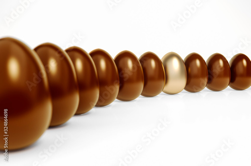Golden egg in row of the chocolate eggs soft focus on white background 3d rendering. 3d illustration sweet and luxury of happy easter eggs holiday card template minimal concept.