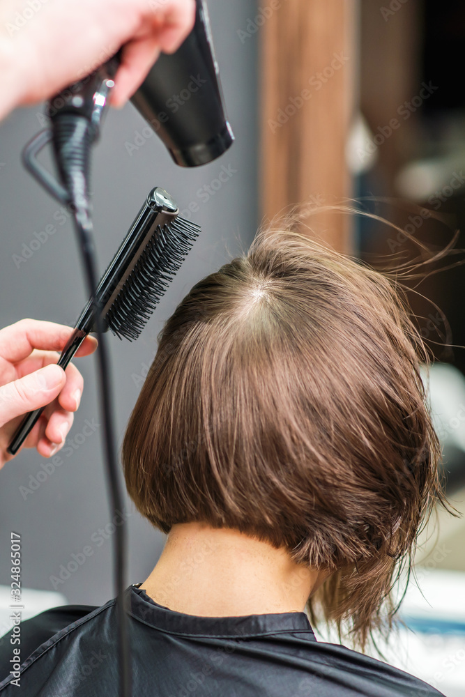 Fototapeta premium Close up of professional hairdresser is drying female hair, back view.