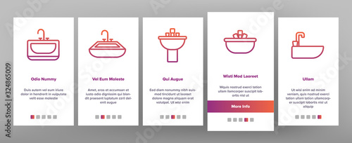 Sink Ceramic Bathroom Onboarding Icons Set Vector. Bath Sink With Faucet, Restroom Hands And Face Wash Equipment Illustrations