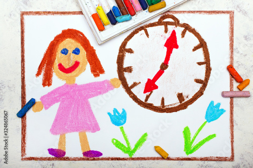 Photo of colorful drawing: Smiling girl standing next to the clock. Time organization