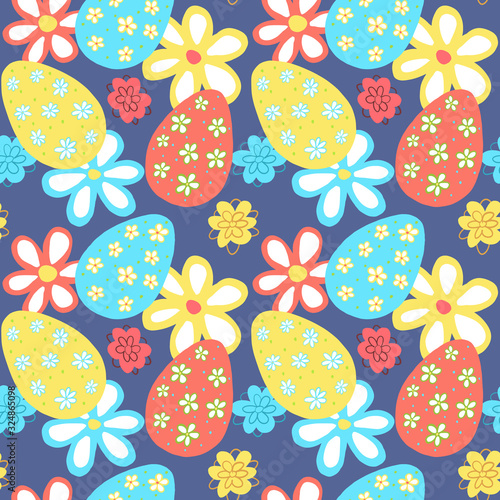 seamless pattern with easter eggs and flowers on the blue background , wall paper, scrapbooking paper