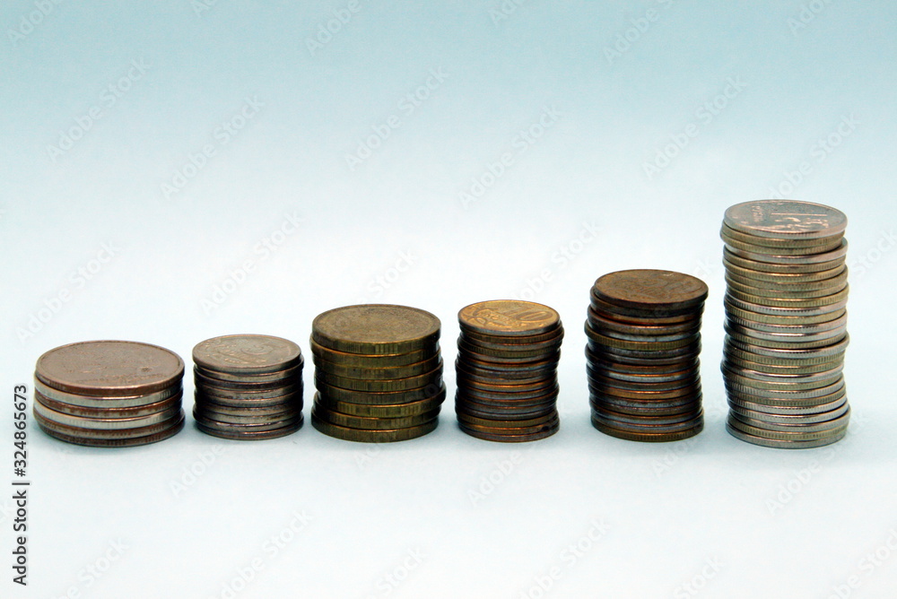 a series of several stacks of Russian rubles coins a series of several stacks of Russian rubles coins