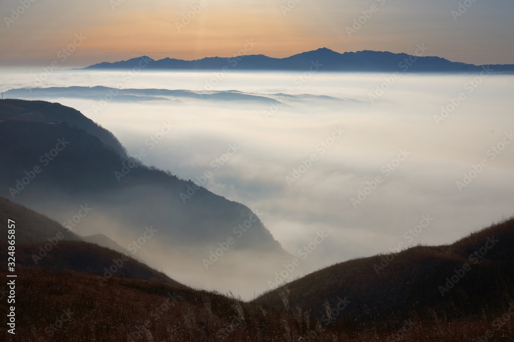 熊本県阿蘇市大観峰から望む雲海と阿蘇山