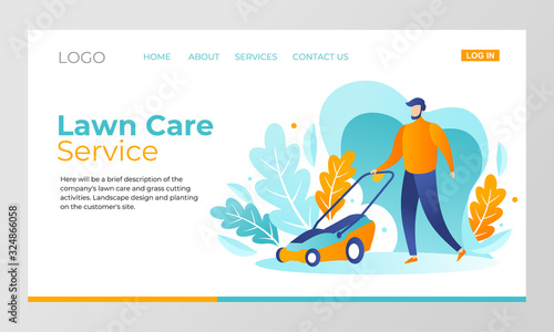 A male bearded gardener mows the grass with a lawn mower. Vector illustration, design concept of landing page for Yard care and lawn mowing services. A man trimming the lawn and grass.
