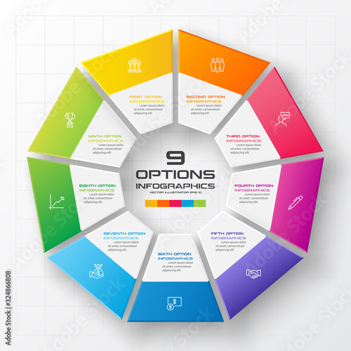 Nonagon infographic,Colorful template with 9 options,Vector illustration.