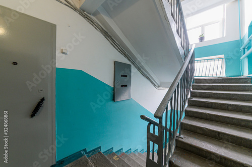 Russia, Omsk- October 18, 2019, 2019: interior room apartment. standard repair decoration in hostel. public place, porch. doors, walls, corridors