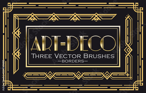 Vector golden brushes in Art-Deco style, borders. 3 pattern brushes made in the Art-Deco style. All brushes include outer and inner corner tiles. photo