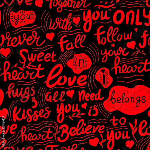 Love lettering, abstract , text fashion vector red seamless pattern on black background. Concept for print, cards, wallpaper, wrapping paper 