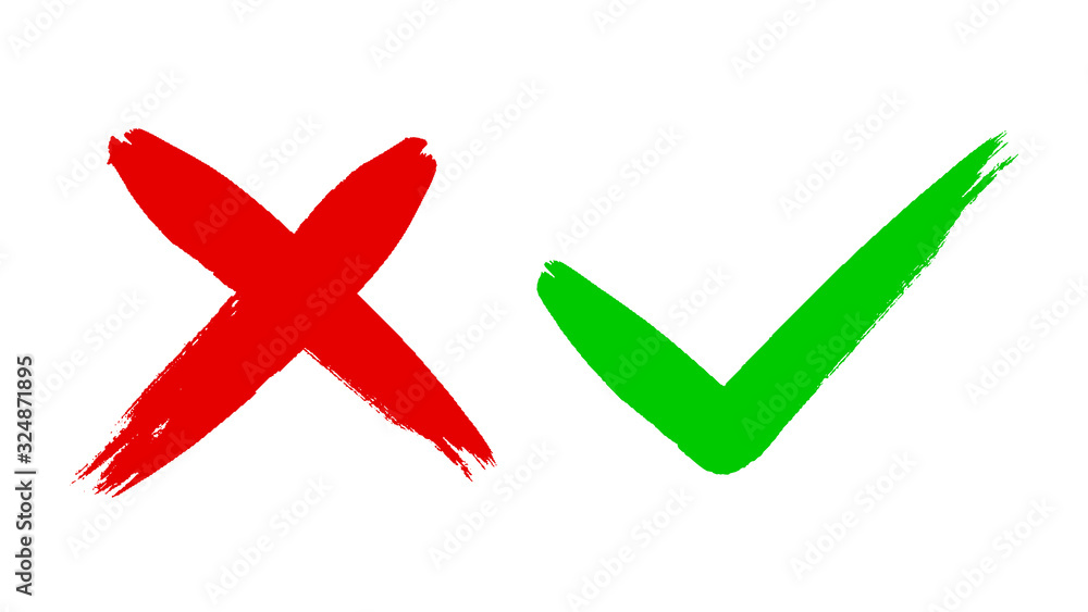 Two dirty grunge hand drawn with brush strokes cross x and tick OK check marks vector illustration isolated on white background. Check mark symbol NO and YES buttons for vote in check box, web, etc. Two dirty grunge hand drawn with brush strokes cross x and tick OK check marks vector illustration isolated on white background. Check mark symbol NO and YES buttons for vote in check box, web, etc.