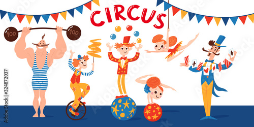 Circus vector characte poster with acrobats and athlete