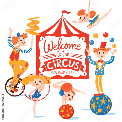 Welcom to the circus vector poster with lettering and cartoon cute characters