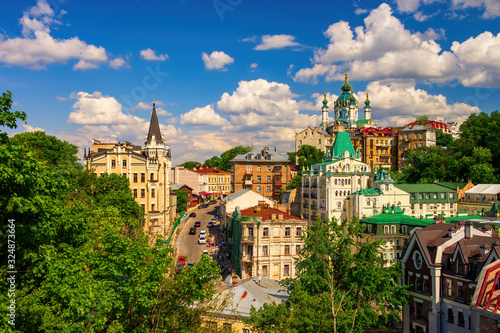 Picturesque view to Andriivsky descent in the center of Ukrainian capital, Kyiv, Ukraine photo