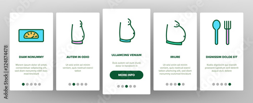 Obesity And Overweight Onboarding Icons Set Vector. Obesity Person And Xxl T-shirt, Unhealthy Food And Flatware Illustrations