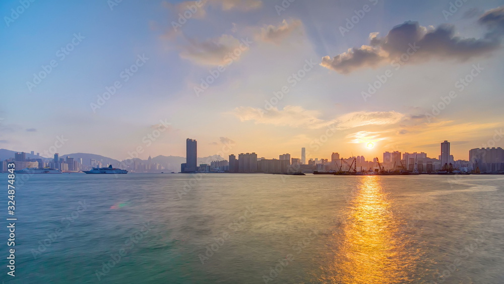 Hong Kong Sunset, View from kowloon bay downtown timelapse