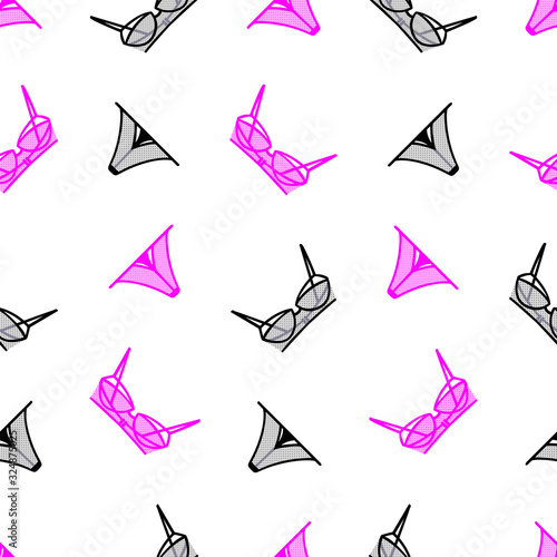Lingerie seamless pattern. Elegant print for textiles, wallpaper, packaging. Sexy panties and bras on a white background. Isolated pink and black objects. Vector illustration.
