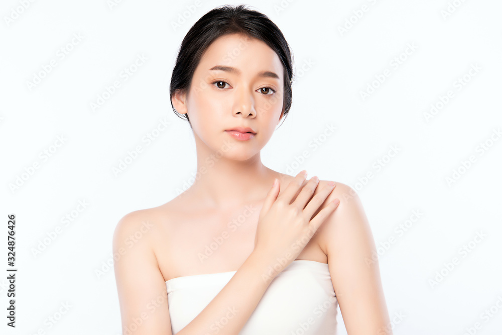 Portrait beautiful young asian woman clean fresh bare skin concept. Asian girl beauty face skincare and health wellness, Facial treatment, Perfect skin, Natural makeup, on white background,two Portrait beautiful young asian woman clean fresh bare skin concept. Asian girl beauty face skincare and health wellness, Facial treatment, Perfect skin, Natural makeup, on white background,two