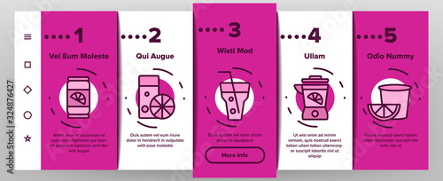 Lemonade Tasty Drink Onboarding Icons Set Vector. Lemonade In Glass With Tube And In Bottle, Juicer And Lemon Sliced Piece Illustrations
