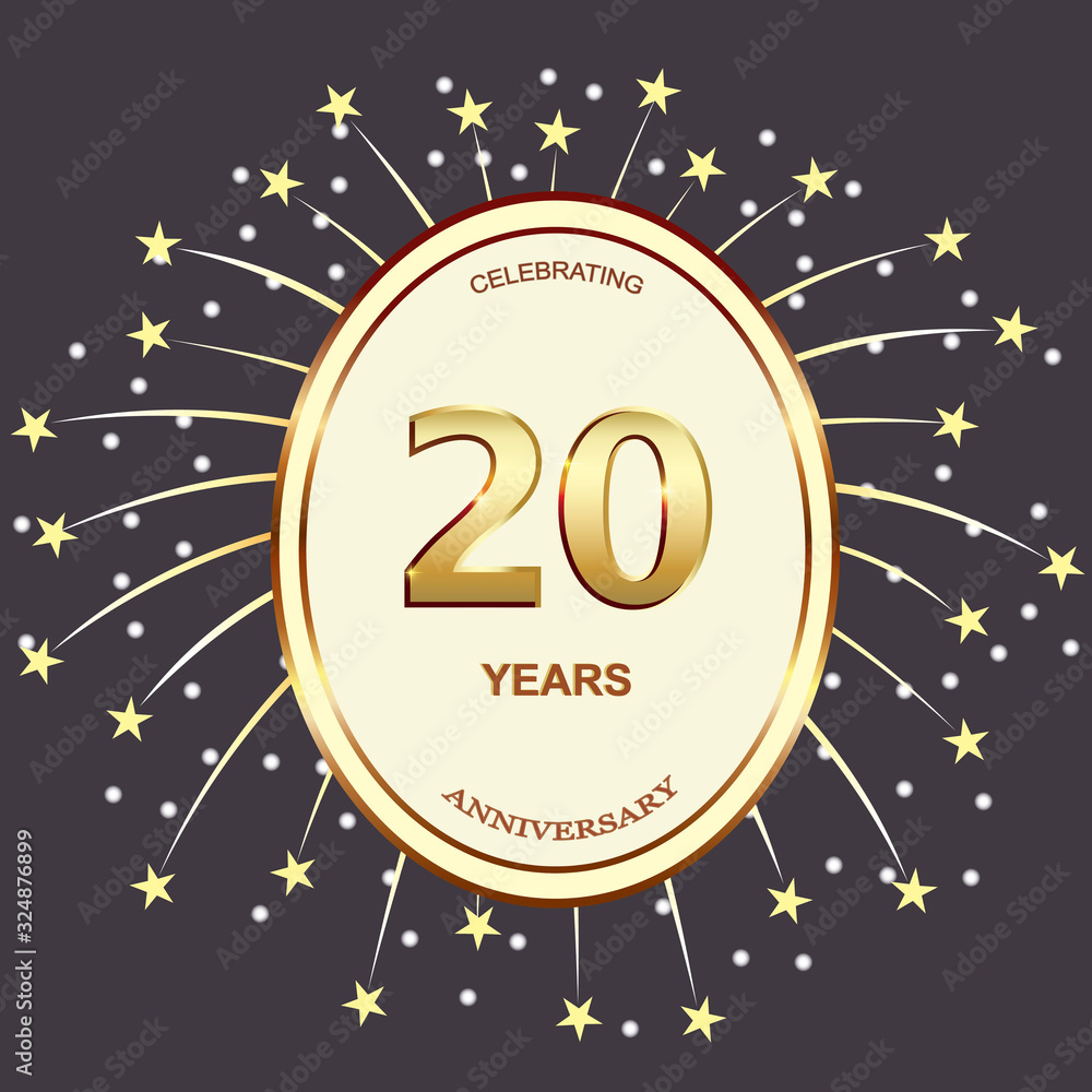 20 years anniversary vector design birthday card  with date in an oval on a background of fireworks with stars