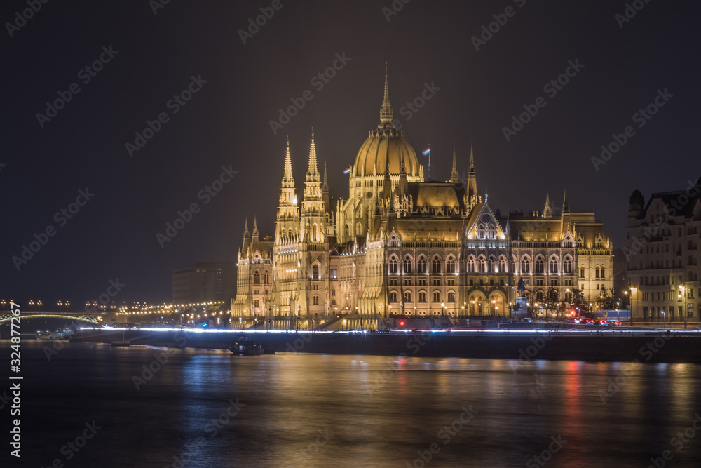 Hungarian Parliament Building on the bank of the Danube in Budapest at night