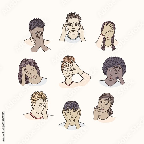 Hand drawn isolated people with sad, depressed and anxious facial expressions