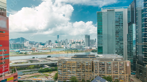Canvas Print Top view of buildings at day in finance urban timelapse, hong kong city