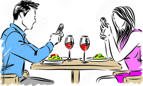 man and woman in restaurant with cellphones vector illustration