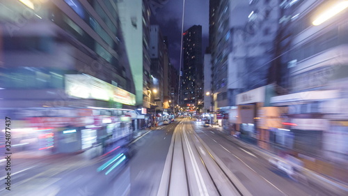 View from double-decker tram on street of HK timelapse hyperlapse.