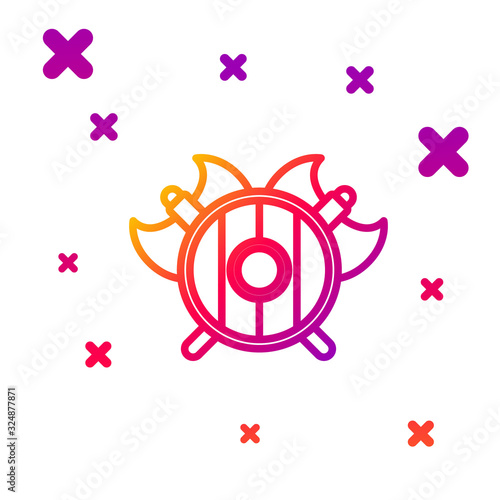 Color line Medieval shield with crossed axes icon isolated on white background. Battle axe, executioner axe. Gradient random dynamic shapes. Vector Illustration