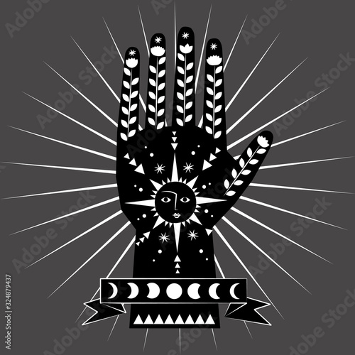 Chiromancy and good luck charms. Palmistry graphic design, sun and moon, moon phases, good luck poster. Use for fabric, wallpaper, posters.