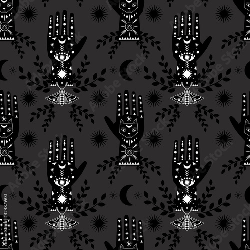 Vector black and white occult witch and magic repeat seamless pattern background. Chiromancy, palmistry and good luck charms. hamsa hand, protecting hand, moon and familiar energy.